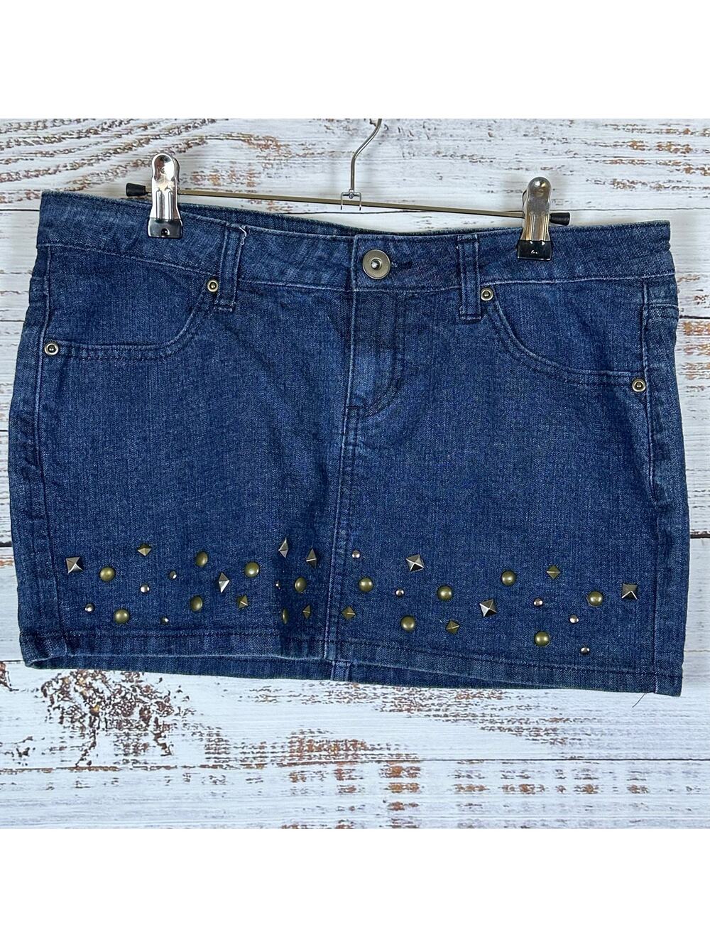 Womens Y2K City Streets Micro Mini Denim Jean Skirt Stud Embellish Stretch Sz 9